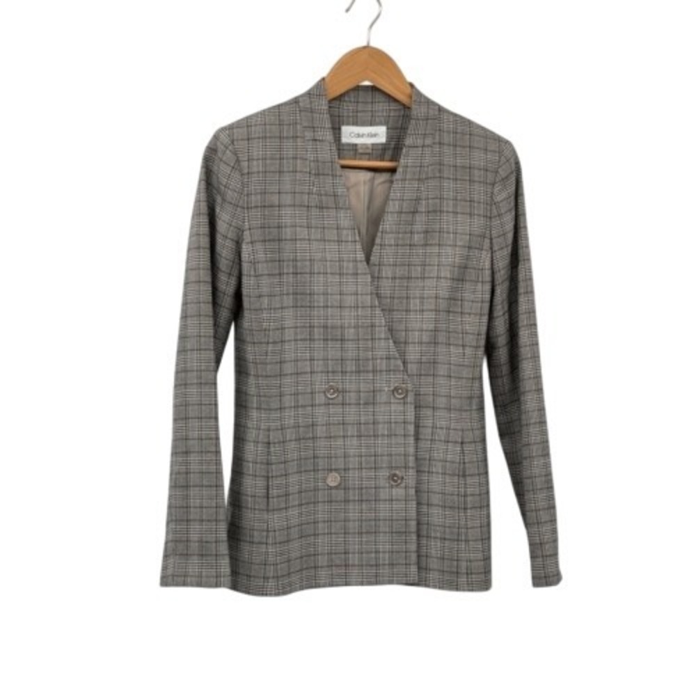 Calvin Klein Blazer Suit Jacket Double Breasted Women Size 2 Plaid Brown Gray